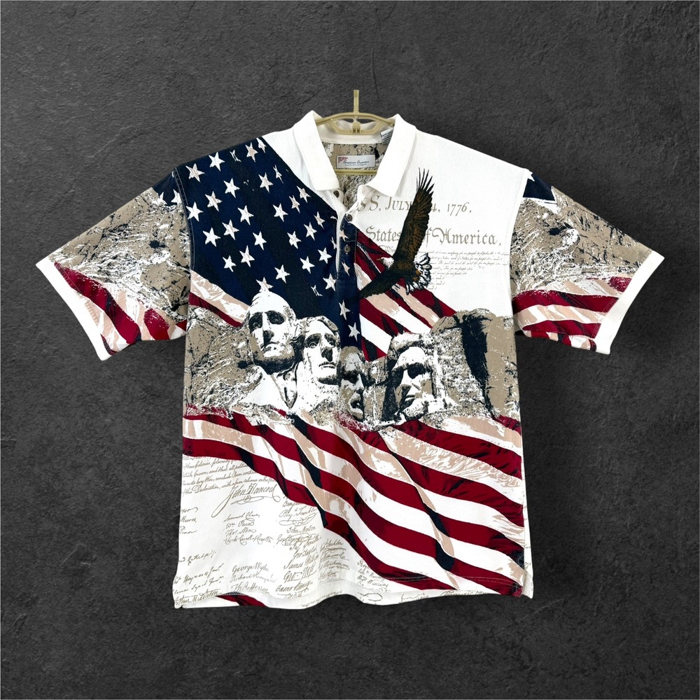American Summer Mount Rushmore Eagle Flag Polo Shirt Mens XL USA Patriotic